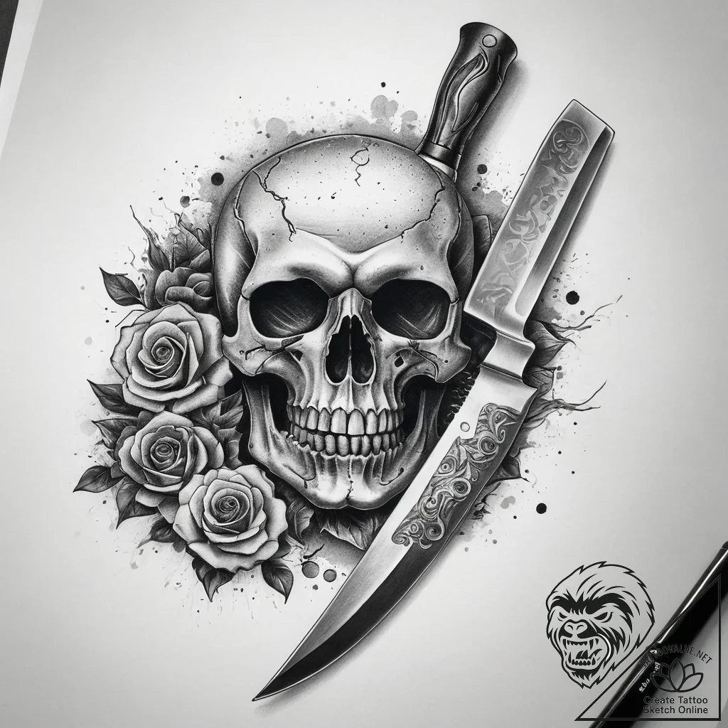 Tattoo sketch butcher meat cleaver and skull,... - tattoo sketch (№1758260939_0, 19.09.2025 05:48) — tattoovalue.net
