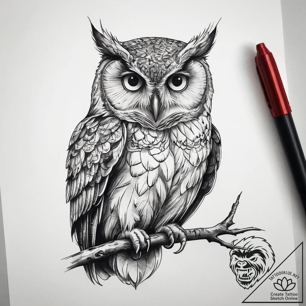Tattoo sketch majestic owl perched, tattoo li... - tattoo sketch (№1758263501_0, 19.09.2025 06:31) — tattoovalue.net
