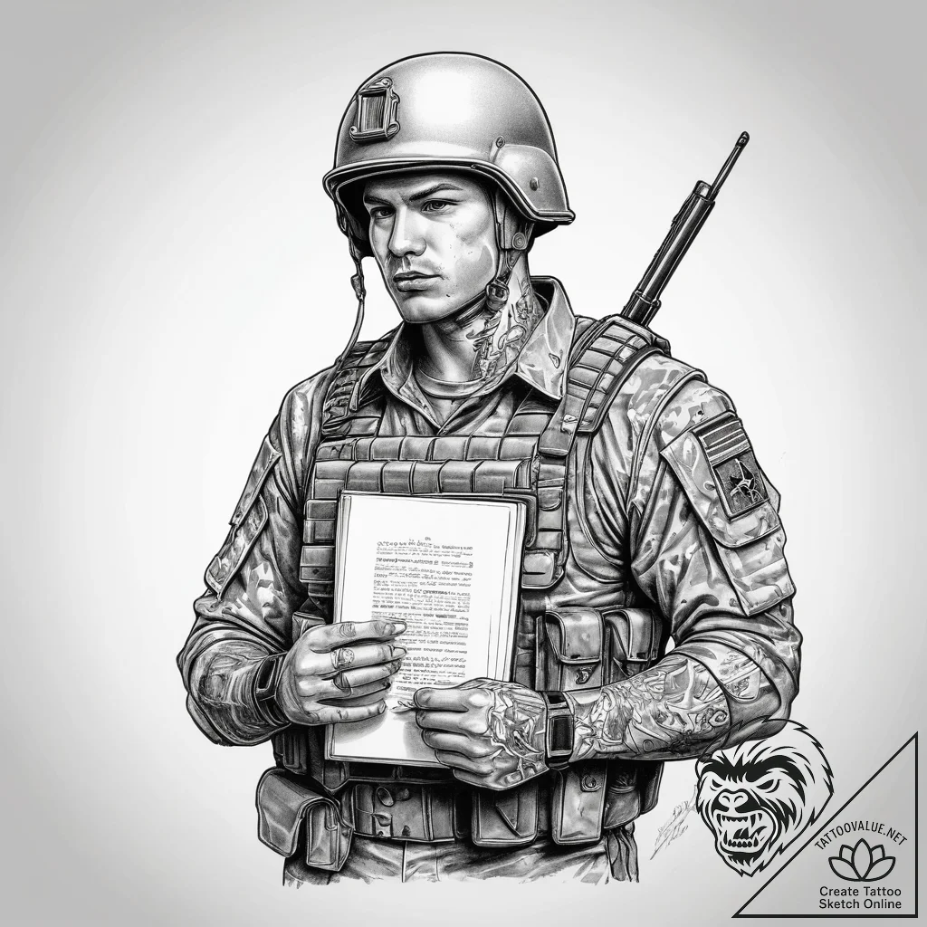 Tattoo sketch soldier with a book, artistic t... - tattoo sketch (№1758263902_0, 19.09.2025 06:38) — tattoovalue.net
