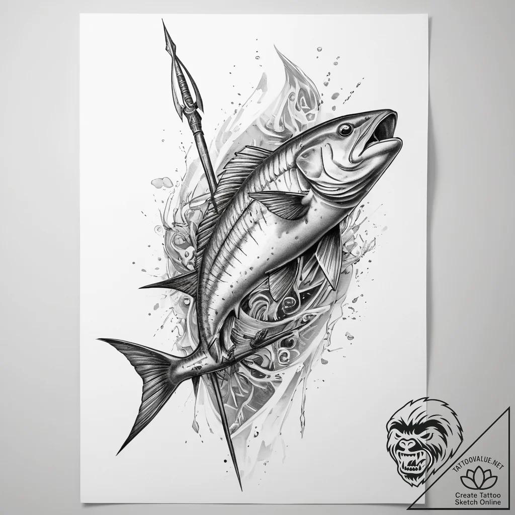 Tattoo sketch spearfishing a spear with a fis... - tattoo sketch (№1758265290_0, 19.09.2025 07:01) — tattoovalue.net