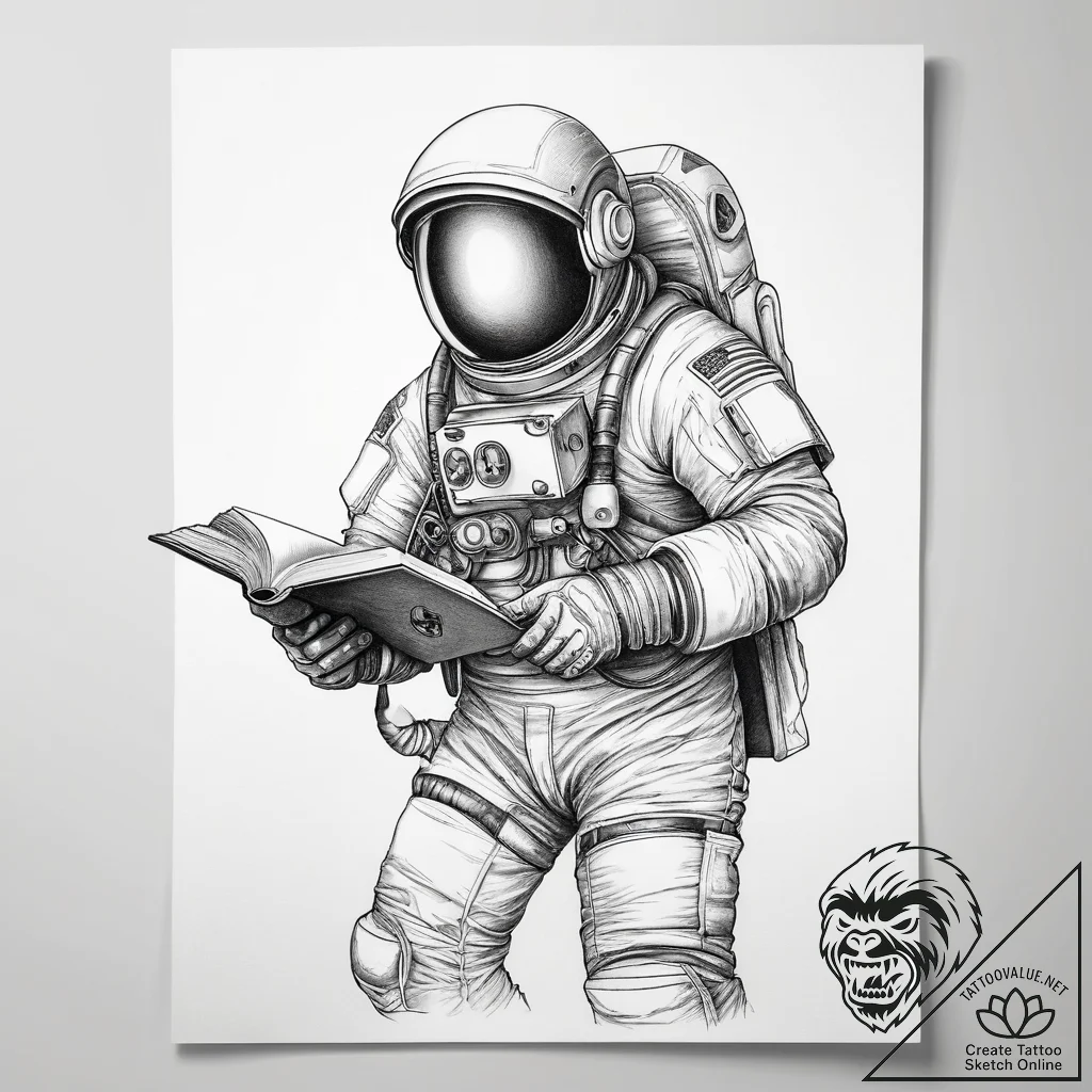 Tattoo sketch astronaut with a book - tattoo sketch (№1758270170_0, 19.09.2025 08:22) — tattoovalue.net