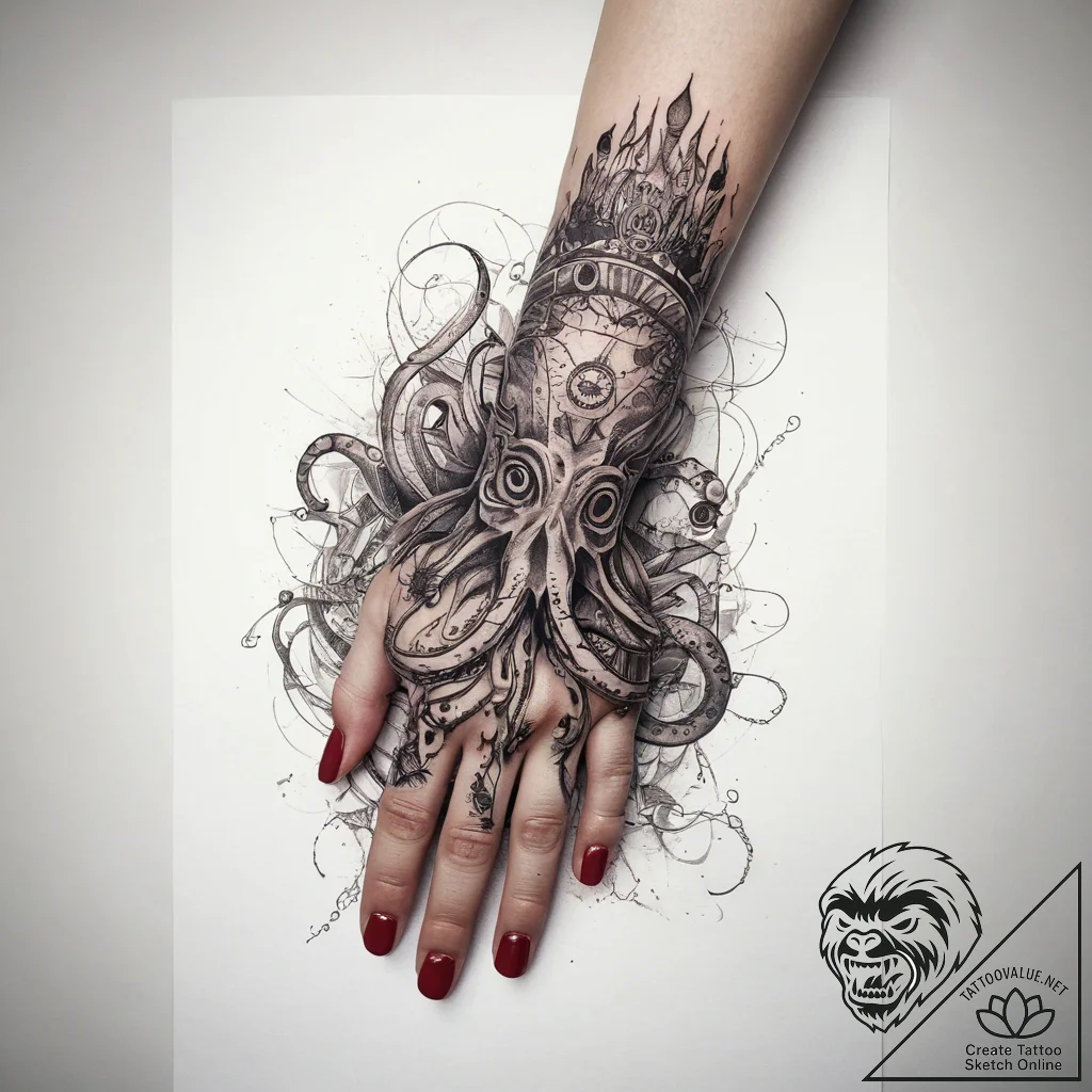 Tattoo sketch hands with a squid, tattoo line... - tattoo sketch (№1758286570_0, 19.09.2025 12:56) — tattoovalue.net