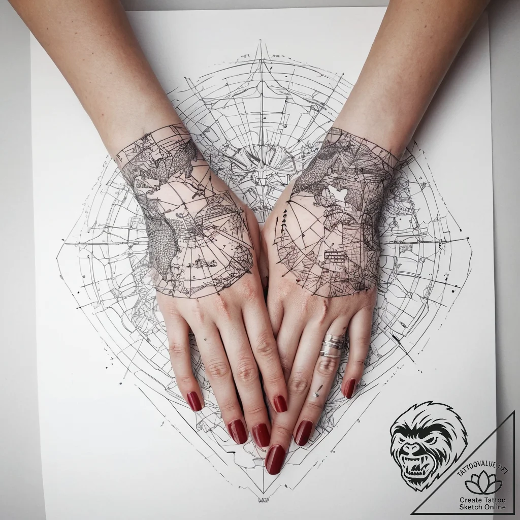 Tattoo sketch hands with a map, ink illustrat... - tattoo sketch (№1758287739_0, 19.09.2025 13:15) — tattoovalue.net