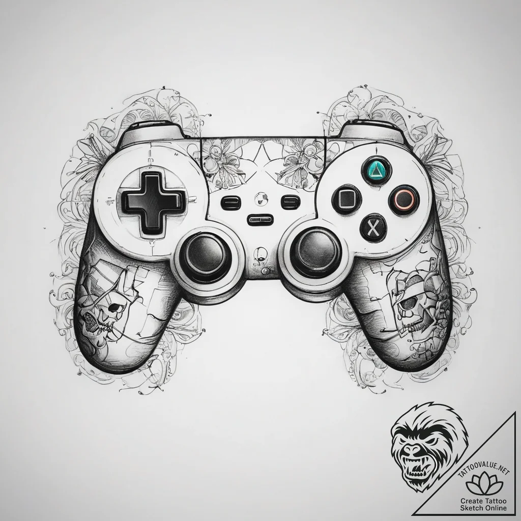 Tattoo sketch gaming controller with a skull - tattoo sketch (№1758290282_0, 19.09.2025 13:58) — tattoovalue.net