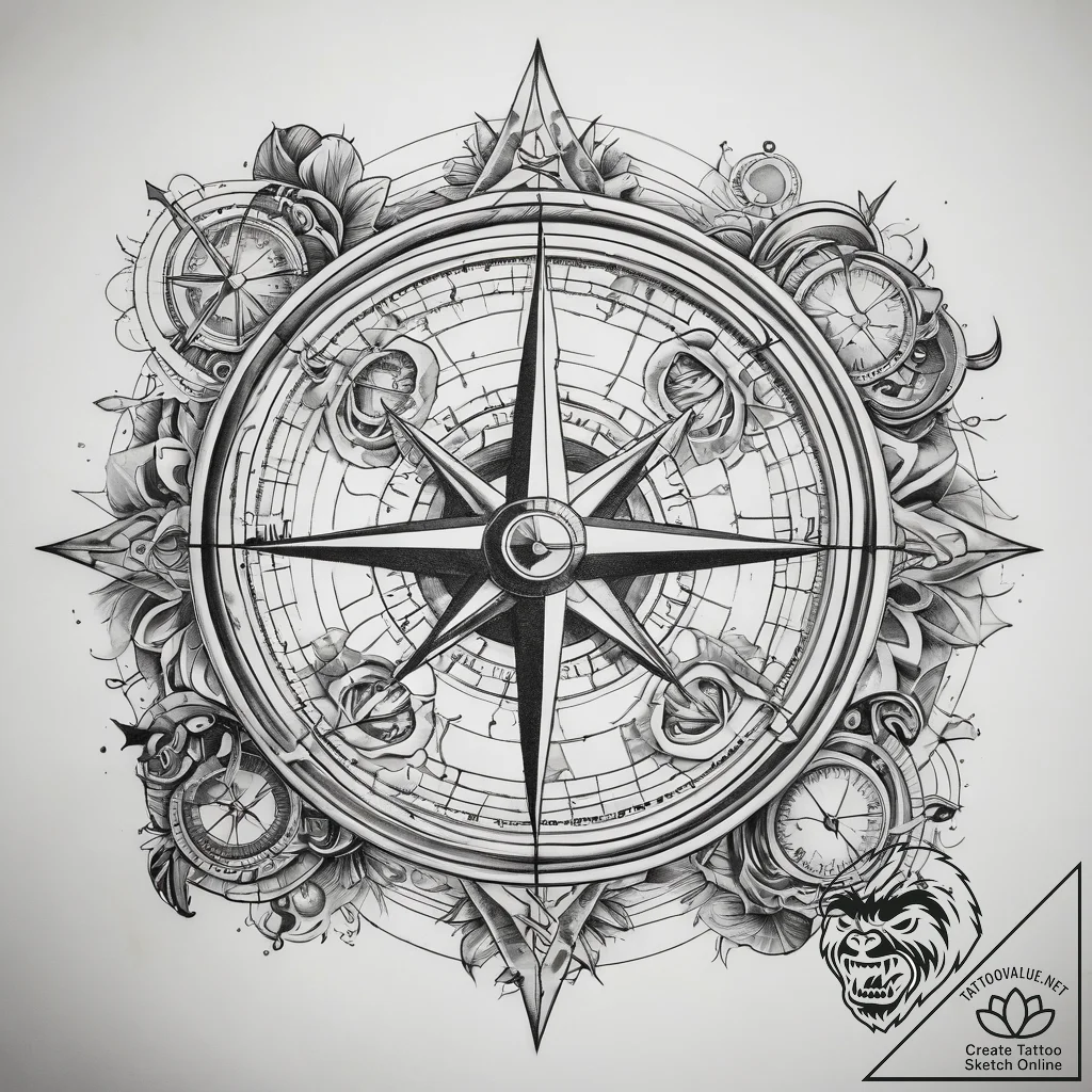 Tattoo sketch old map with a compass, tattoo... - tattoo sketch (№1758293065_0, 19.09.2025 14:44) — tattoovalue.net