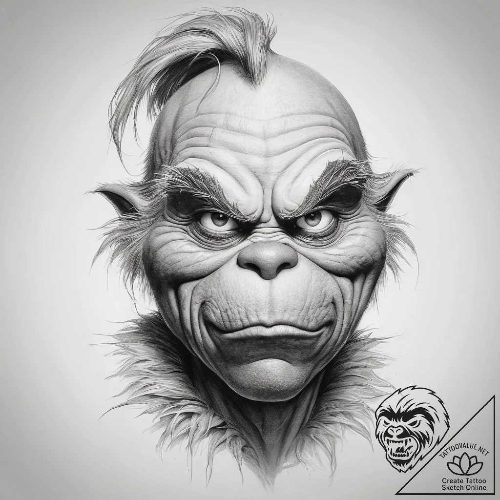 Tattoo sketch the grinch with a skin - tattoo sketch (№1758300149_0, 19.09.2025 16:42) — tattoovalue.net