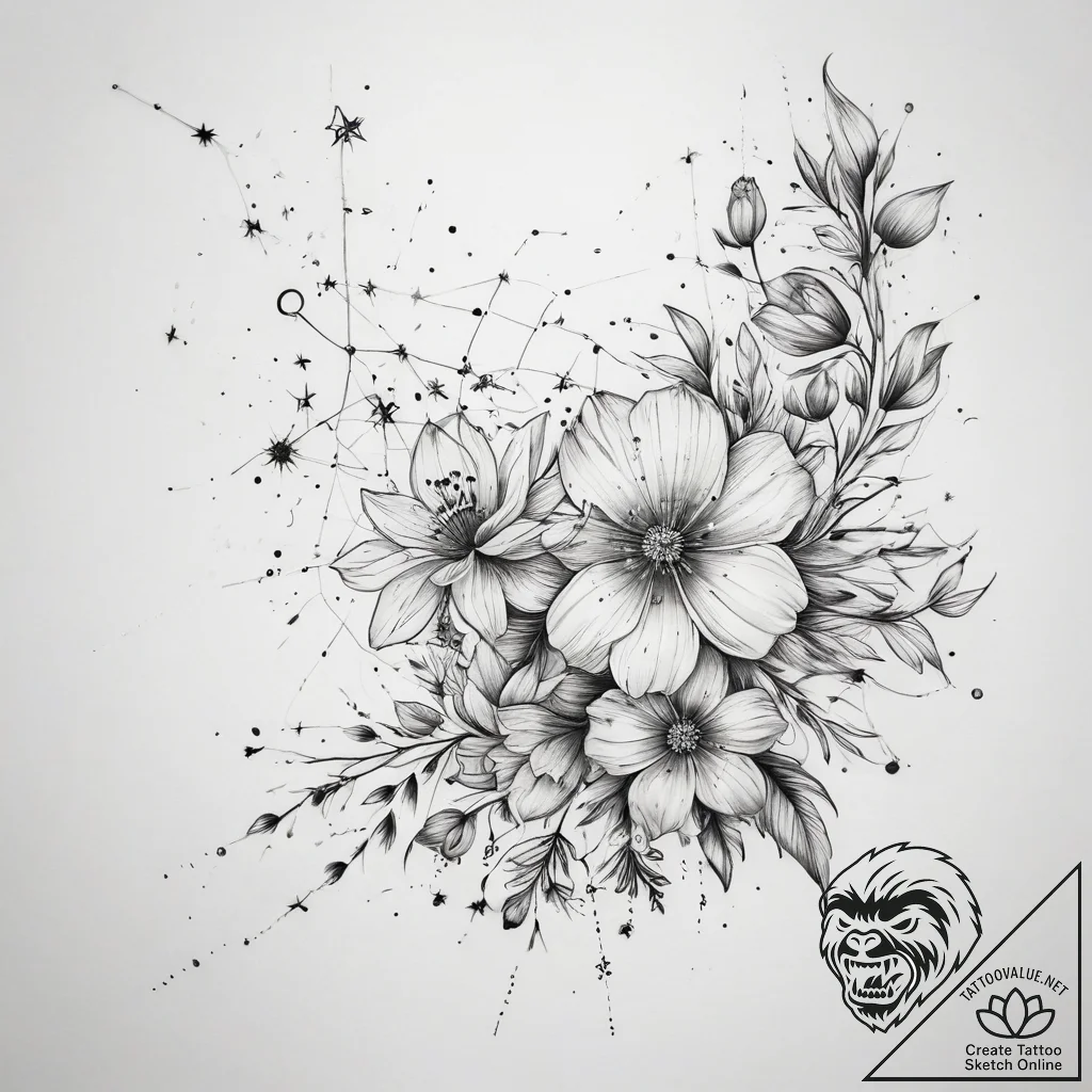 Tattoo sketch constellation with flowers - tattoo sketch (№1758302109_0, 19.09.2025 17:15) — tattoovalue.net