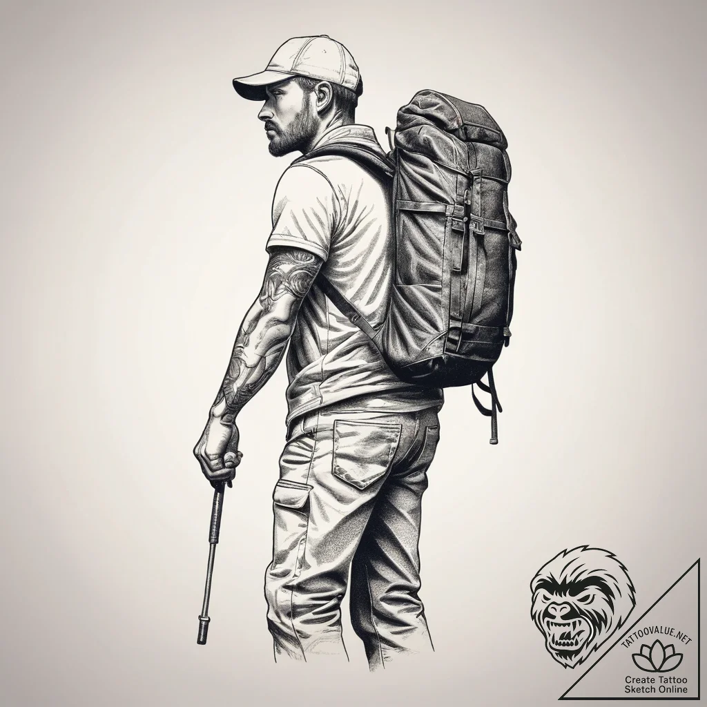 Tattoo sketch hiking a person with a backpack... - tattoo sketch (№1758302711_0, 19.09.2025 17:25) — tattoovalue.net