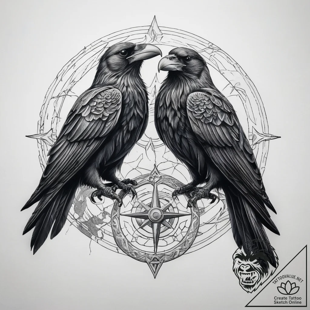 Tattoo sketch odin's ravens huginn and muninn - tattoo sketch (№1758307306_0, 19.09.2025 18:41) — tattoovalue.net