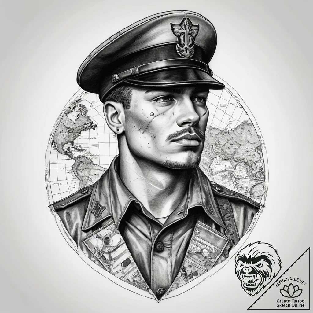 Tattoo sketch soldier with a map, ink illustr... - tattoo sketch (№1758310285_0, 19.09.2025 19:31) — tattoovalue.net
