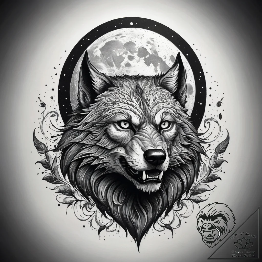 Tattoo sketch werewolf with a moon, ink illus... - tattoo sketch (№1758310482_0, 19.09.2025 19:34) — tattoovalue.net