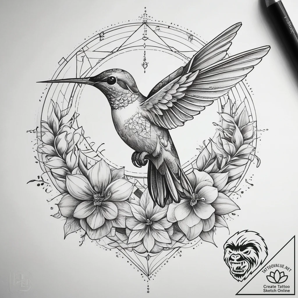 Tattoo sketch hummingbird and flower, tattoo... - tattoo sketch (№1758310677_0, 19.09.2025 19:37) — tattoovalue.net