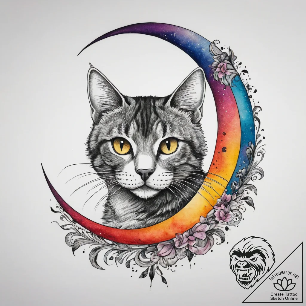 Tattoo sketch crescent moon with a cat, tatto... - tattoo sketch (№1758315292_0, 19.09.2025 20:54) — tattoovalue.net