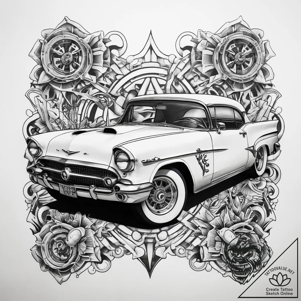 Tattoo sketch rockabilly hot rod car, tattoo... - tattoo sketch (№1758383313_0, 20.09.2025 15:48) — tattoovalue.net