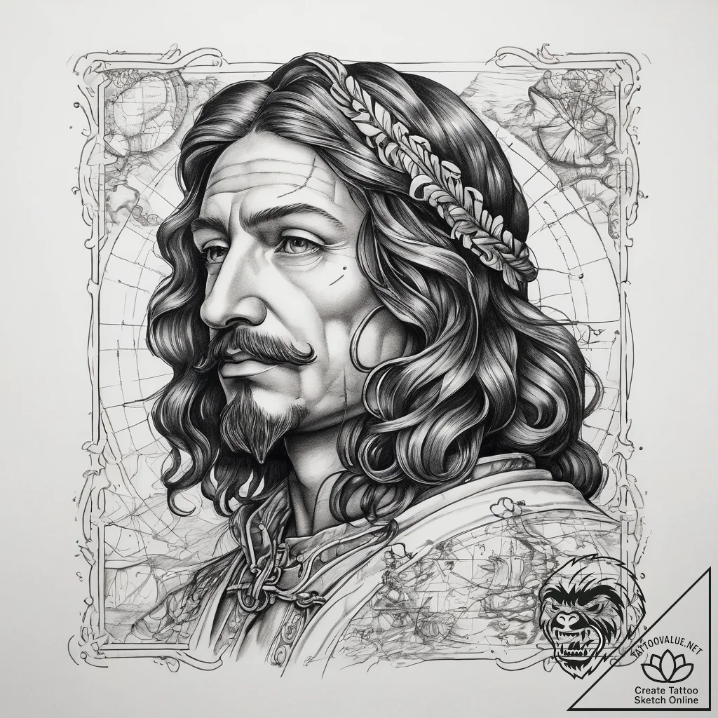Tattoo sketch samuel de champlain with a map,... - tattoo sketch (№1758391615_0, 20.09.2025 18:06) — tattoovalue.net