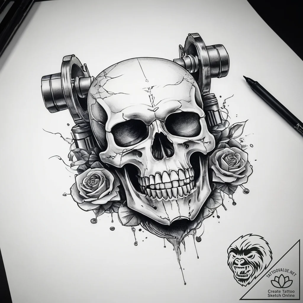 Tattoo sketch череп с поршнем - tattoo sketch (№1758397719_0, 20.09.2025 19:48) — tattoovalue.net