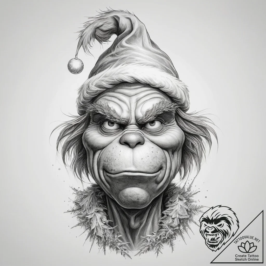 Tattoo sketch the grinch with a christmas tre... - tattoo sketch (№1758401217_0, 20.09.2025 20:46) — tattoovalue.net