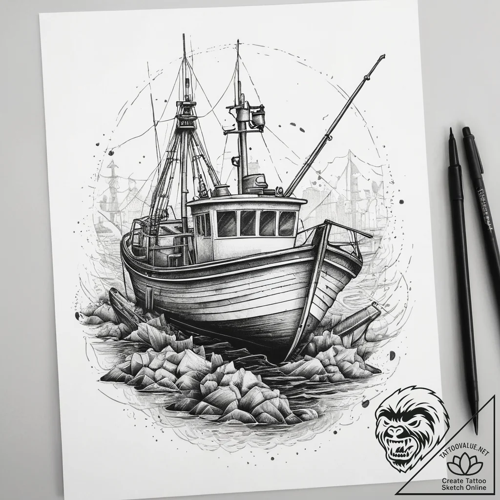 Tattoo sketch fishing a fishing boat, ink ill... - tattoo sketch (№1758406093_0, 20.09.2025 22:08) — tattoovalue.net