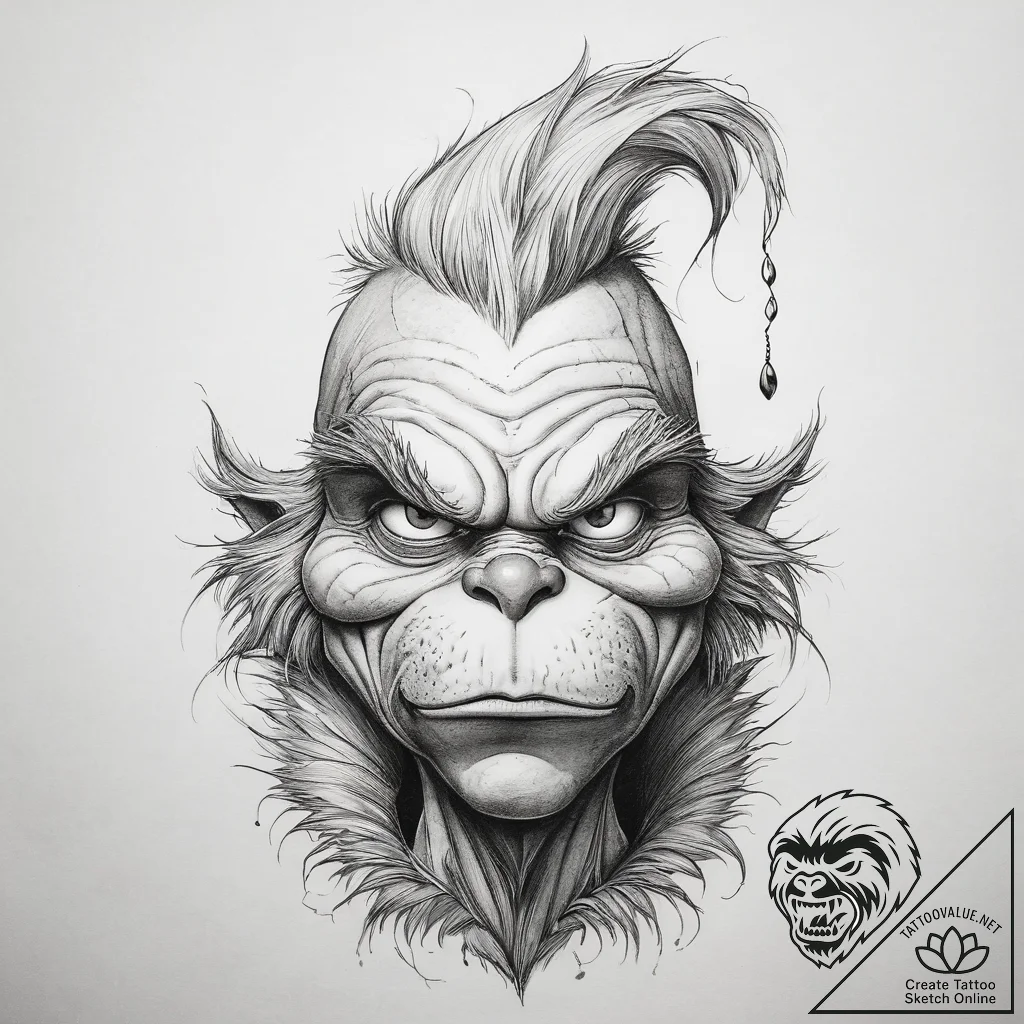 Tattoo sketch the grinch with a feather, tatt... - tattoo sketch (№1758408651_0, 20.09.2025 22:50) — tattoovalue.net