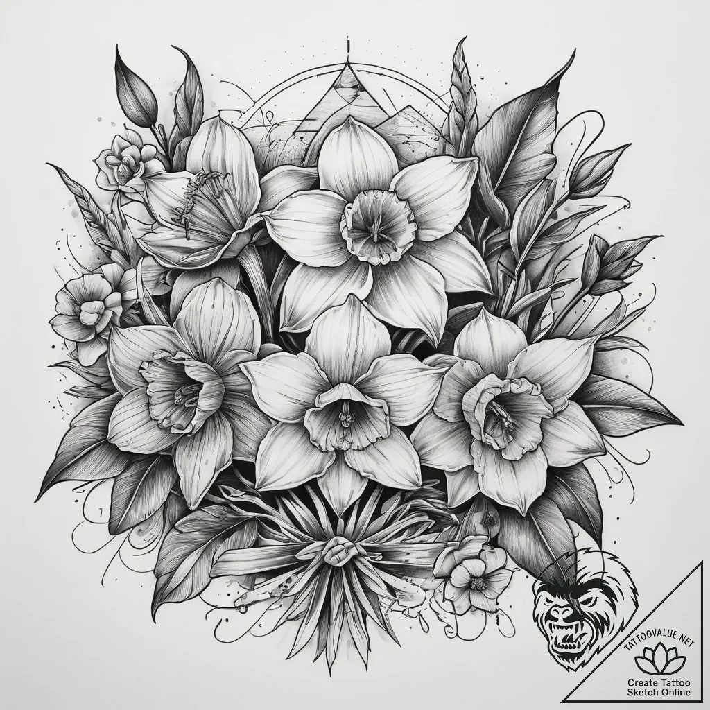 Tattoo sketch daffodil field, artistic tattoo... - tattoo sketch (№1758408849_0, 20.09.2025 22:54) — tattoovalue.net
