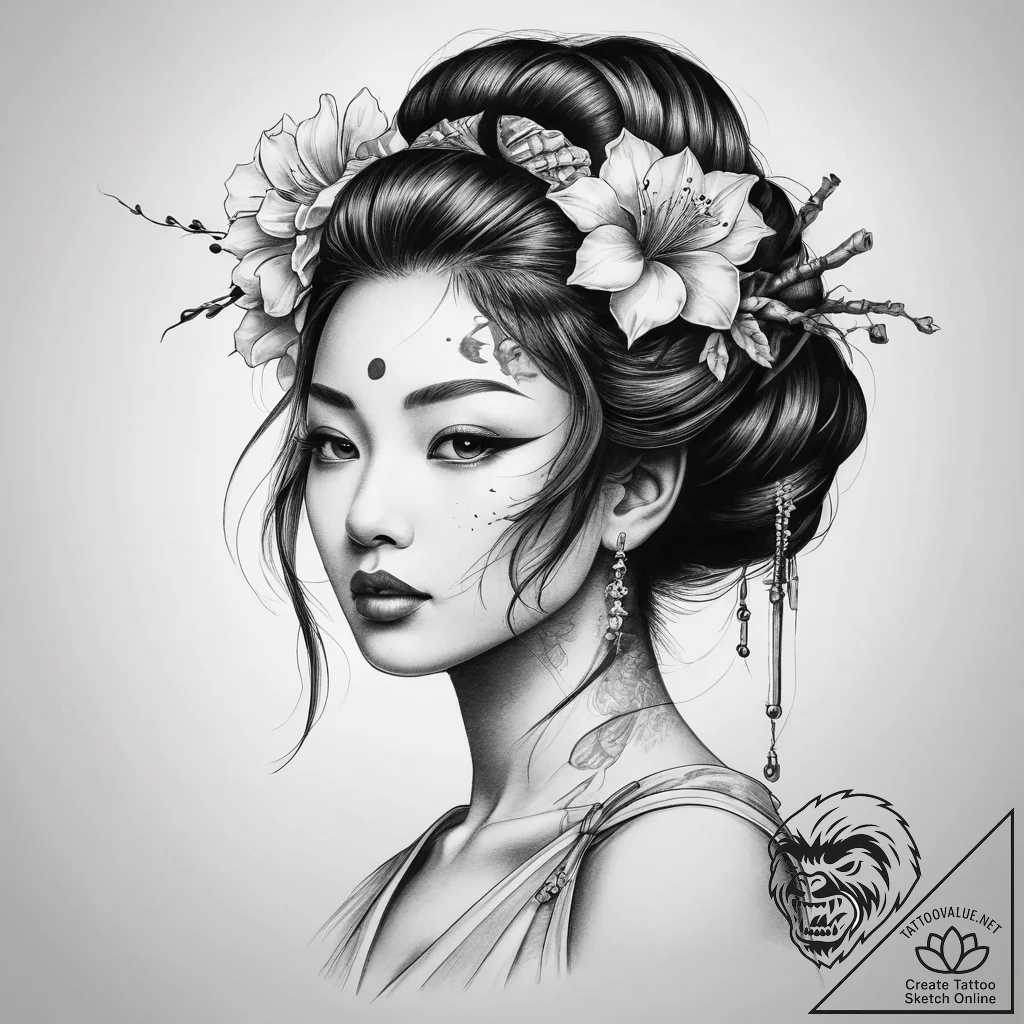 Tattoo sketch japanese geisha, tattoo line ar... - tattoo sketch (№1758411809_0, 20.09.2025 23:43) — tattoovalue.net