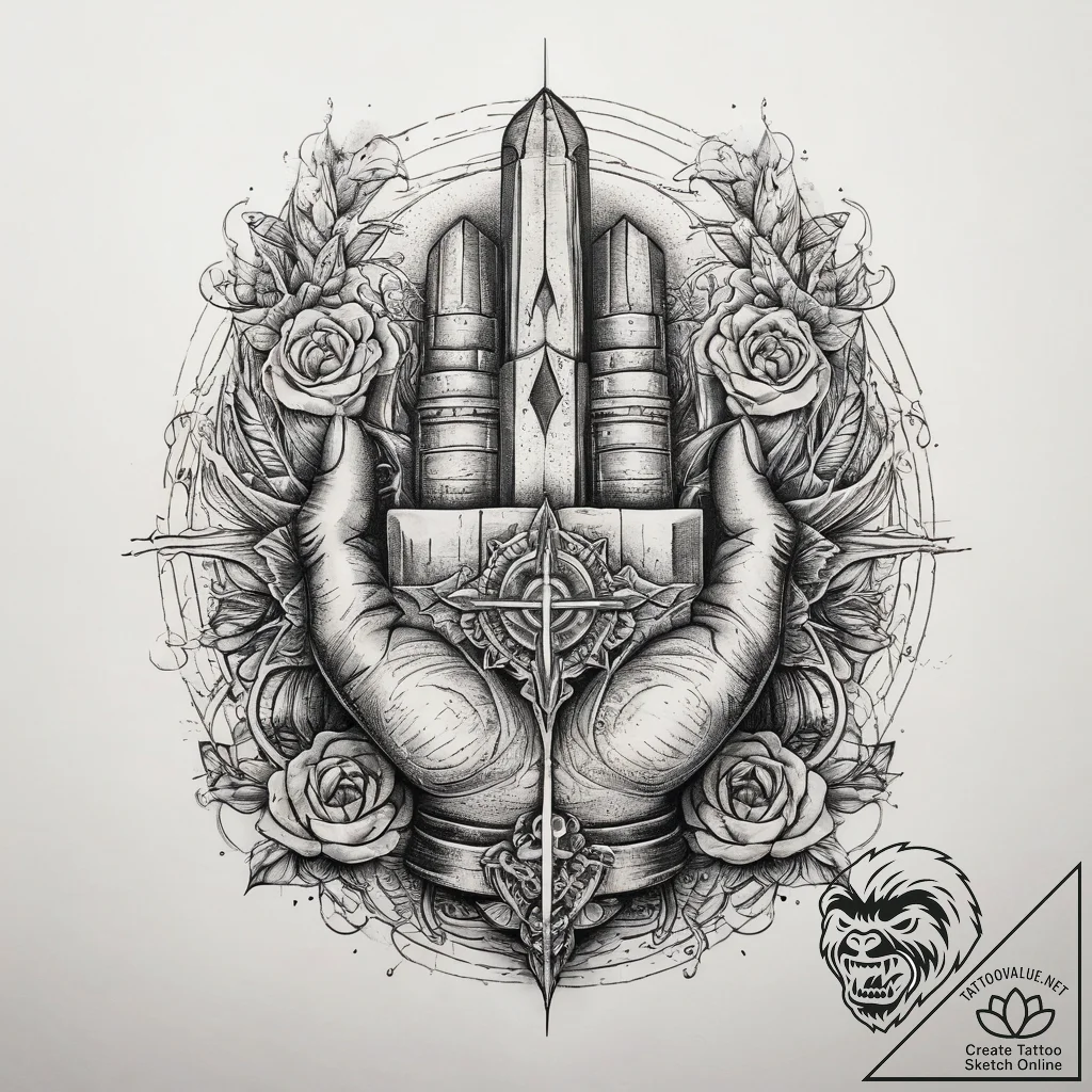 Tattoo sketch hands with a monument, tattoo f... - tattoo sketch (№1758418543_0, 21.09.2025 01:35) — tattoovalue.net