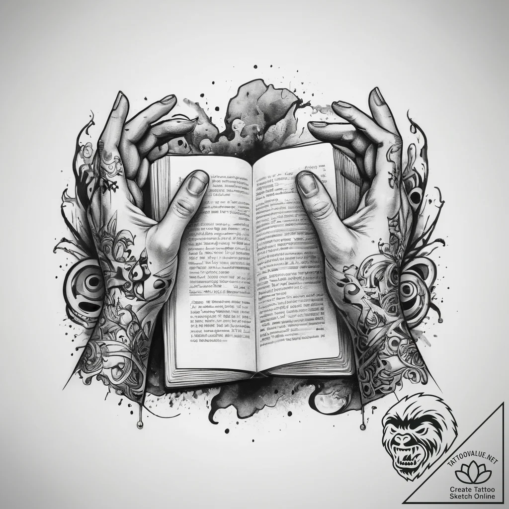 Tattoo sketch hands with a book, ink illustra... - tattoo sketch (№1758466594_0, 21.09.2025 14:56) — tattoovalue.net