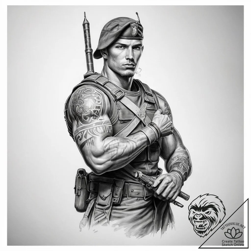 Tattoo sketch soldier with a scroll - tattoo sketch (№1758473942_0, 21.09.2025 16:59) — tattoovalue.net