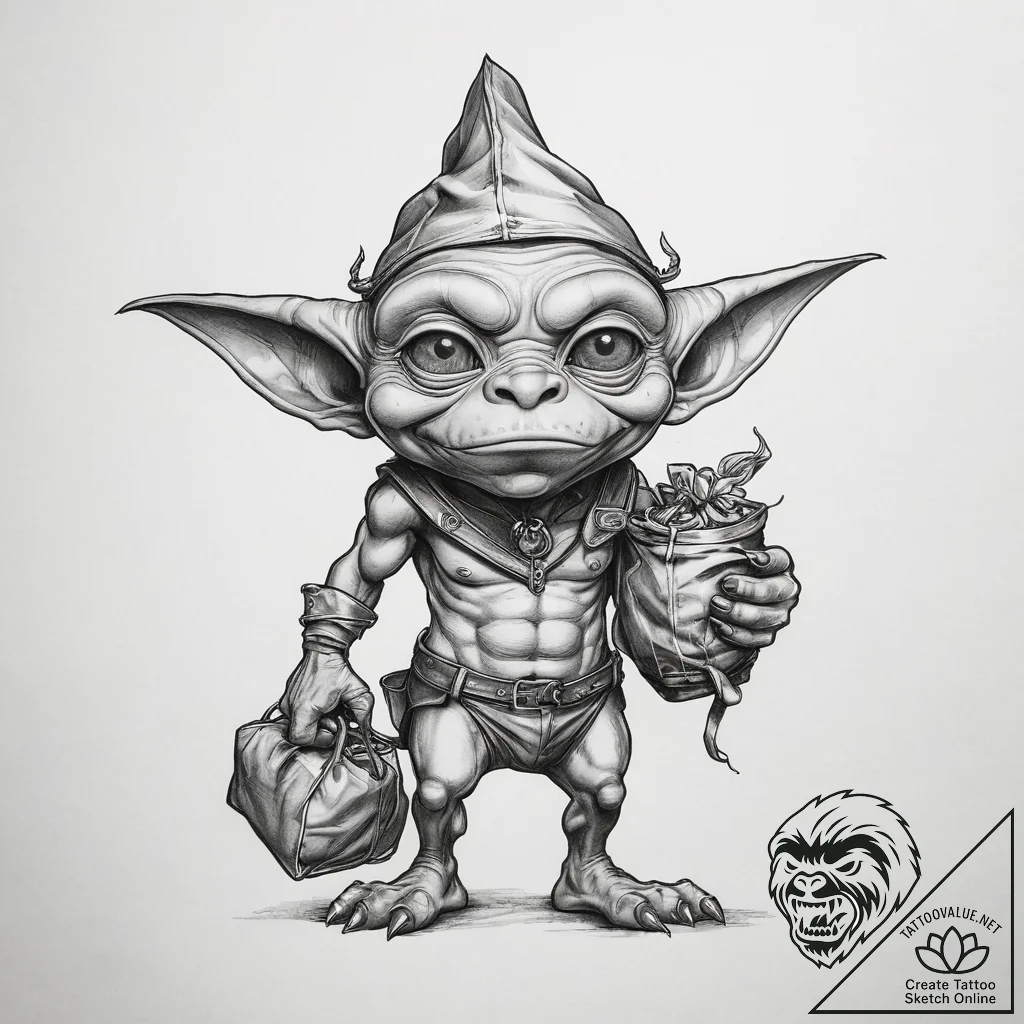 Tattoo sketch goblin with a bag of gold, arti... - tattoo sketch (№1758483531_0, 21.09.2025 19:38) — tattoovalue.net
