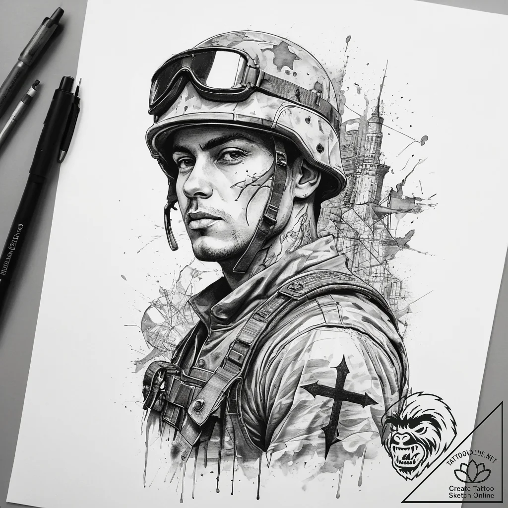 Tattoo sketch soldier with a map, ink illustr... - tattoo sketch (№1758489053_0, 21.09.2025 21:10) — tattoovalue.net