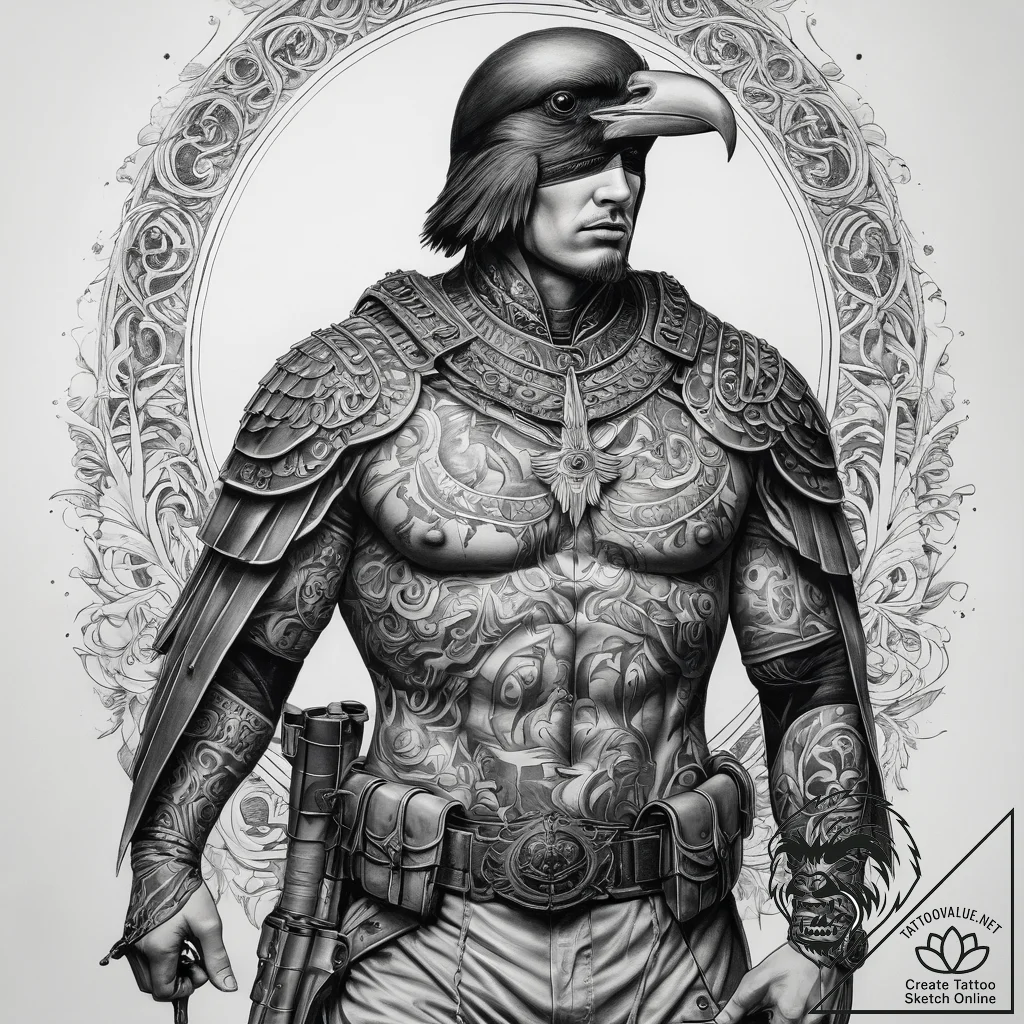 Tattoo sketch soldier with a crow, tattoo lin... - tattoo sketch (№1758495978_0, 21.09.2025 23:06) — tattoovalue.net