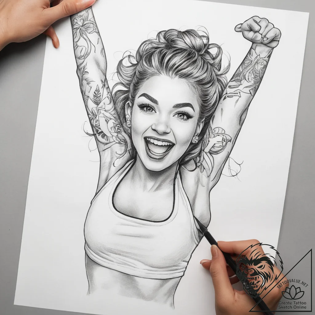 Tattoo sketch cheerleading a person cheering - tattoo sketch (№1758501308_0, 22.09.2025 00:35) — tattoovalue.net