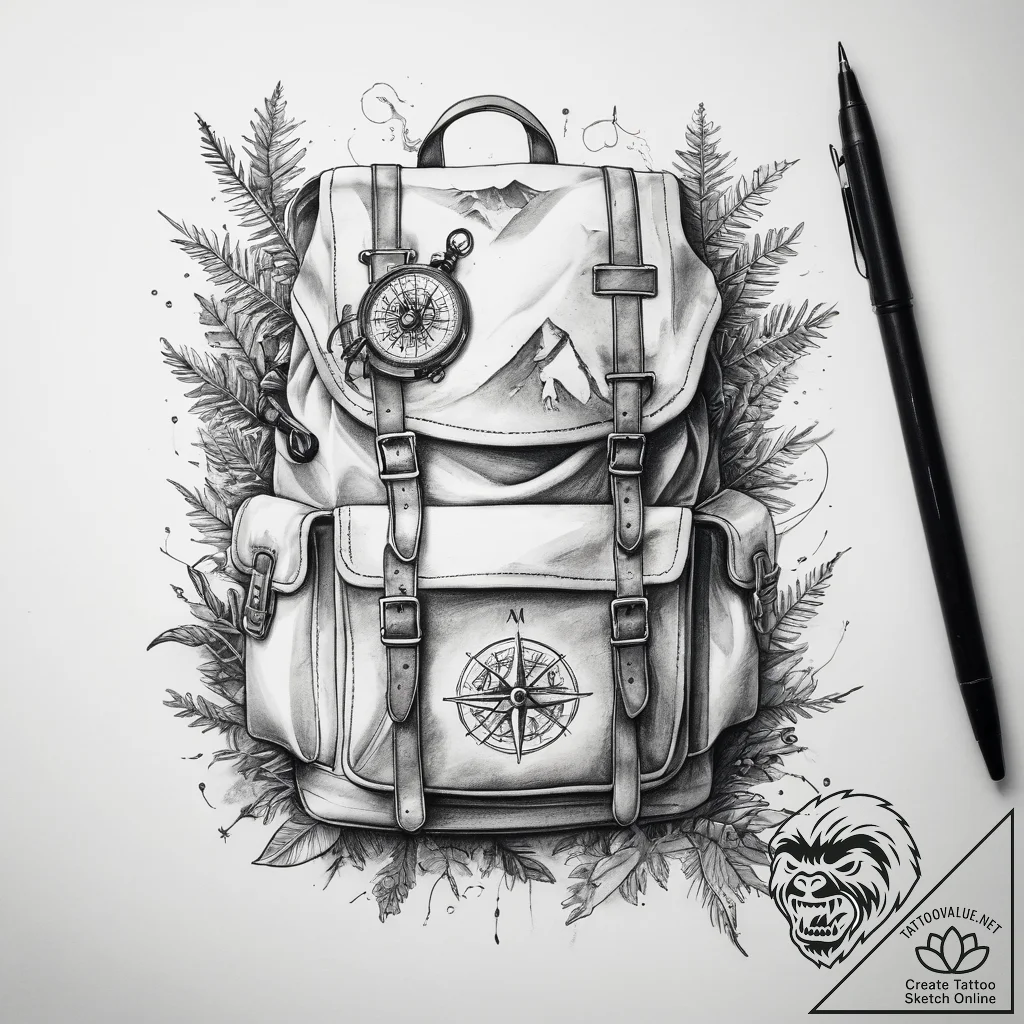 Tattoo sketch hiking a backpack with a compas... - tattoo sketch (№1758504845_0, 22.09.2025 01:34) — tattoovalue.net