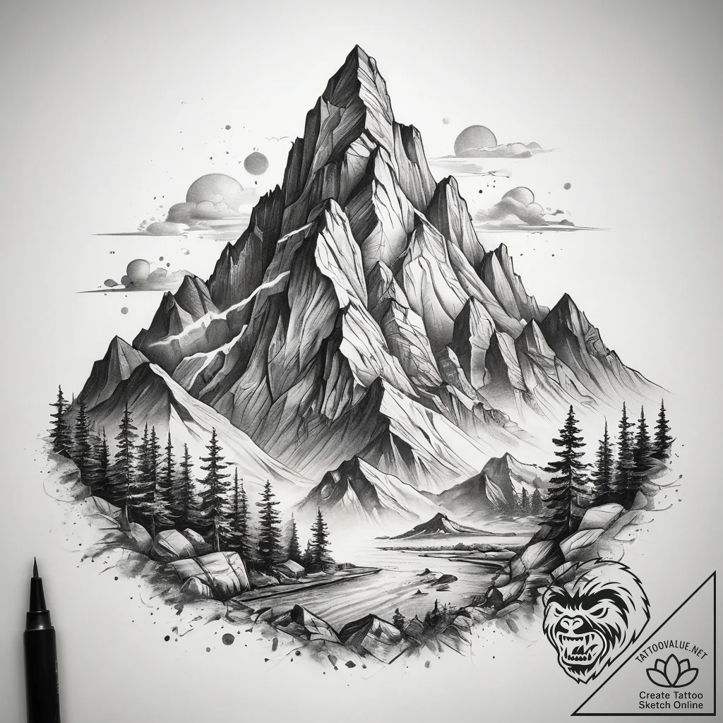 Tattoo sketch mountain, tattoo line art, soft... - tattoo sketch (№1758512922_0, 22.09.2025 03:48) — tattoovalue.net