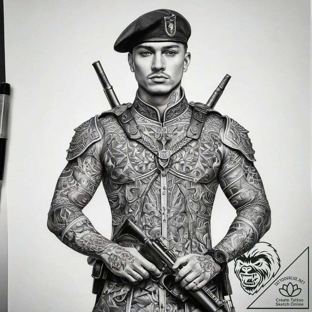 Tattoo sketch soldier standing guard, tattoo... - tattoo sketch (№1758515067_0, 22.09.2025 04:24) — tattoovalue.net