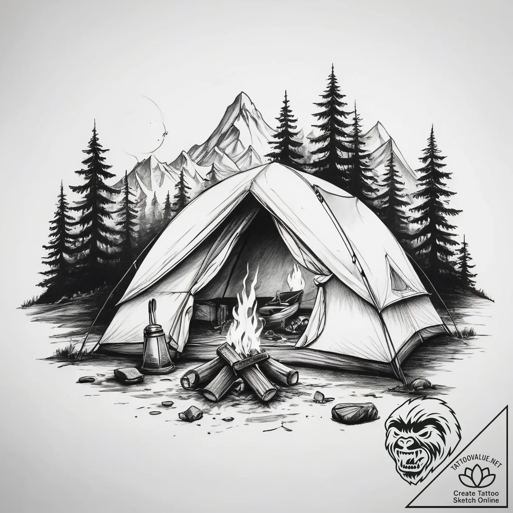 Tattoo sketch camping a tent with a campfire - tattoo sketch (№1758515652_0, 22.09.2025 04:34) — tattoovalue.net