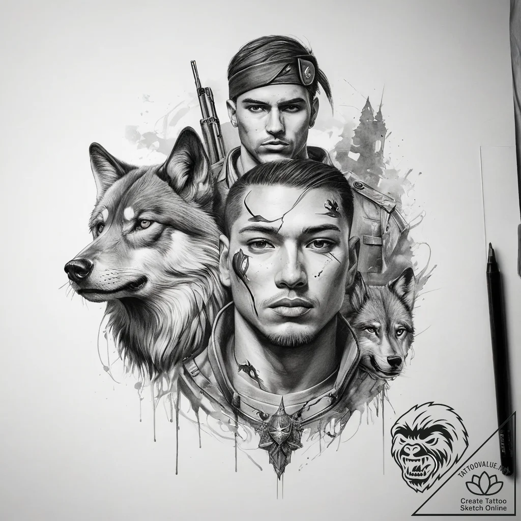 Tattoo sketch soldier with a wolf - tattoo sketch (№1758522486_0, 22.09.2025 06:28) — tattoovalue.net