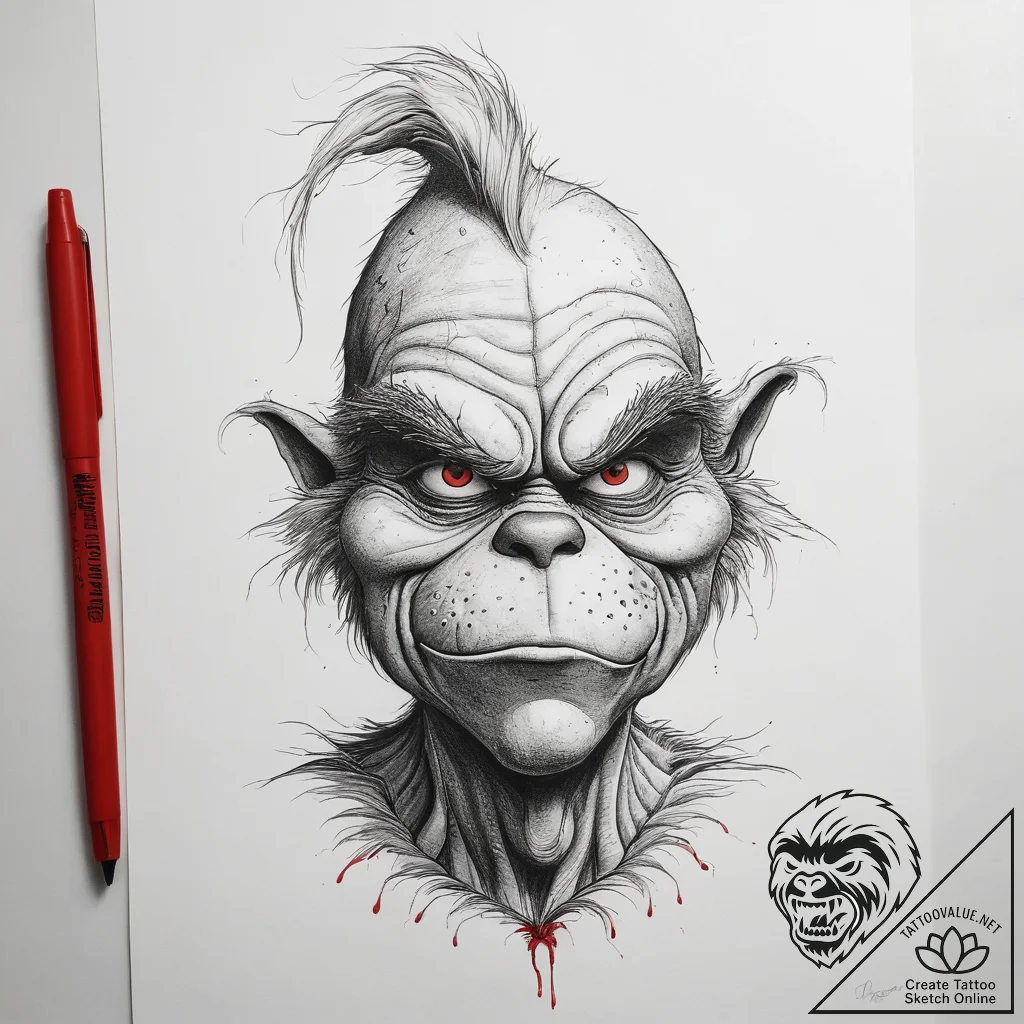 Tattoo sketch the grinch with a foot, tattoo... - tattoo sketch (№1758527146_0, 22.09.2025 07:45) — tattoovalue.net