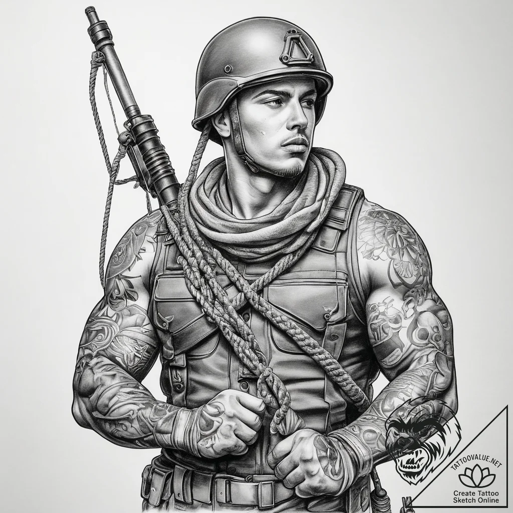 Tattoo sketch soldier with a rope, tattoo fla... - tattoo sketch (№1758544084_0, 22.09.2025 12:28) — tattoovalue.net