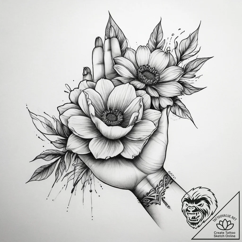 Tattoo sketch hands with a flower, tattoo fla... - tattoo sketch (№1758546337_0, 22.09.2025 13:05) — tattoovalue.net