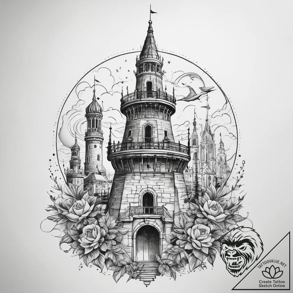 Tattoo sketch tower, tattoo flash sheet desig... - tattoo sketch (№1758546532_0, 22.09.2025 13:08) — tattoovalue.net