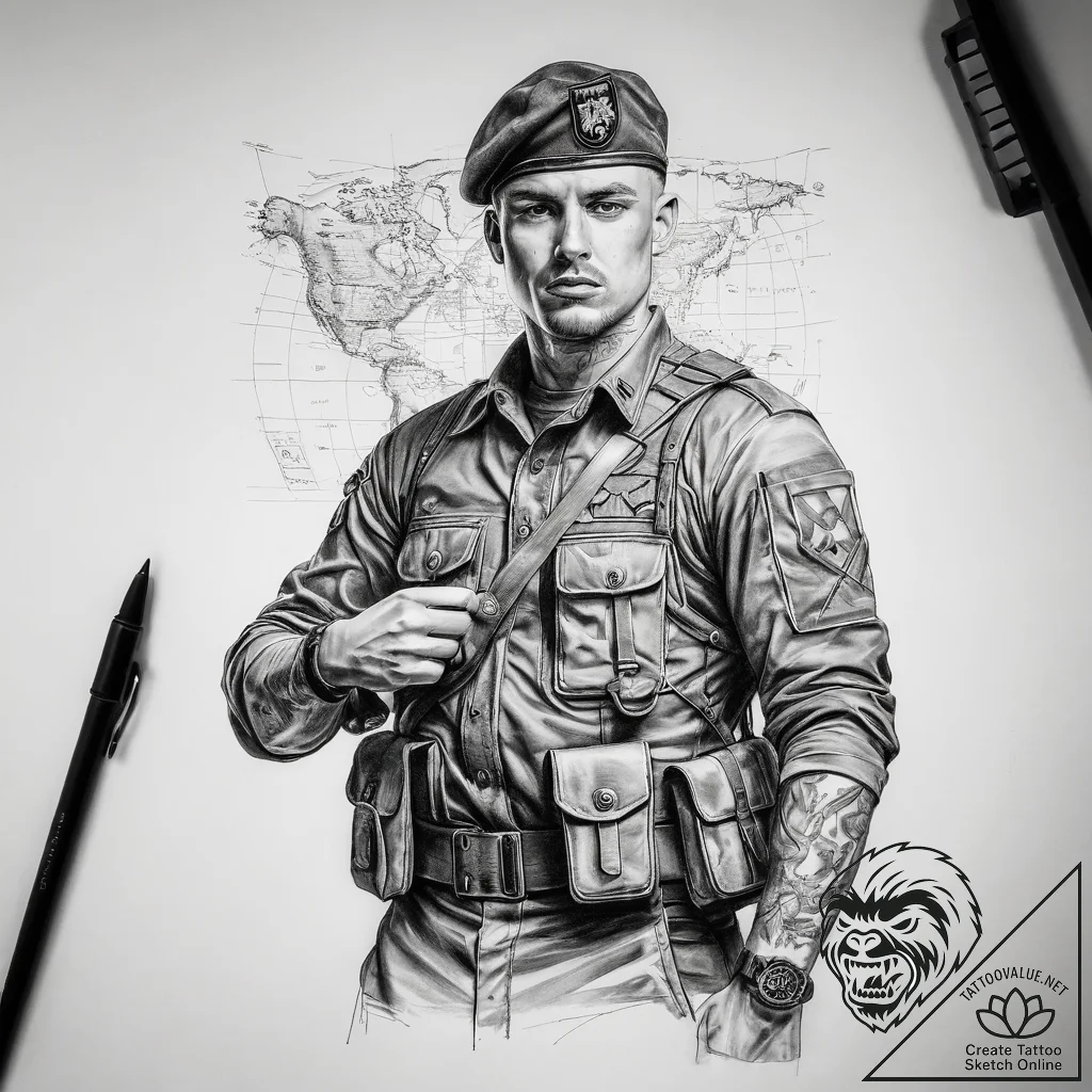Tattoo sketch soldier with a map - tattoo sketch (№1758546920_0, 22.09.2025 13:15) — tattoovalue.net