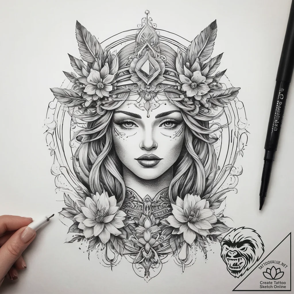 Tattoo sketch kostroma, the goddess of summer... - tattoo sketch (№1758559986_0, 22.09.2025 16:53) — tattoovalue.net