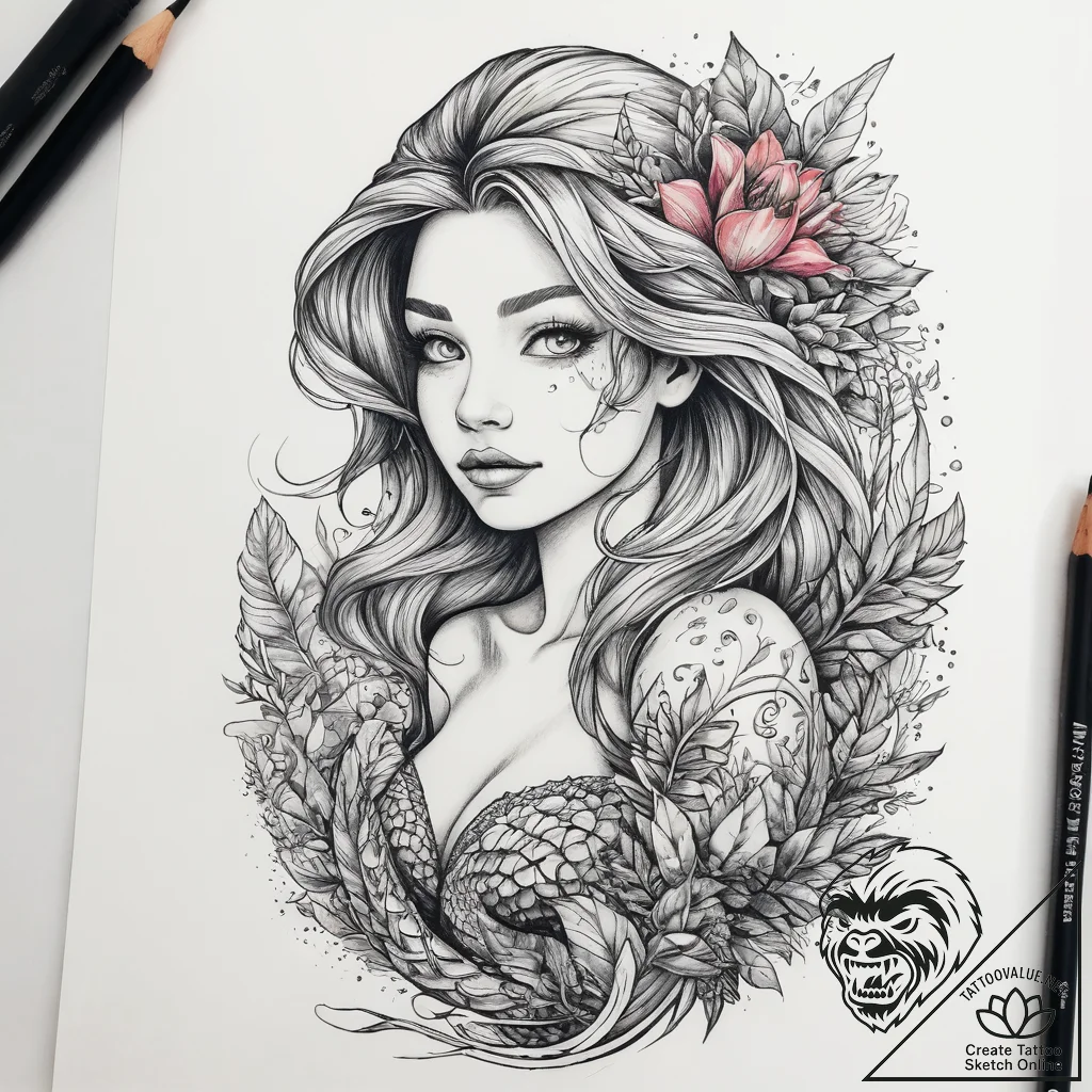Tattoo sketch mermaid with a plant, tattoo fl... - tattoo sketch (№1758561162_0, 22.09.2025 17:12) — tattoovalue.net