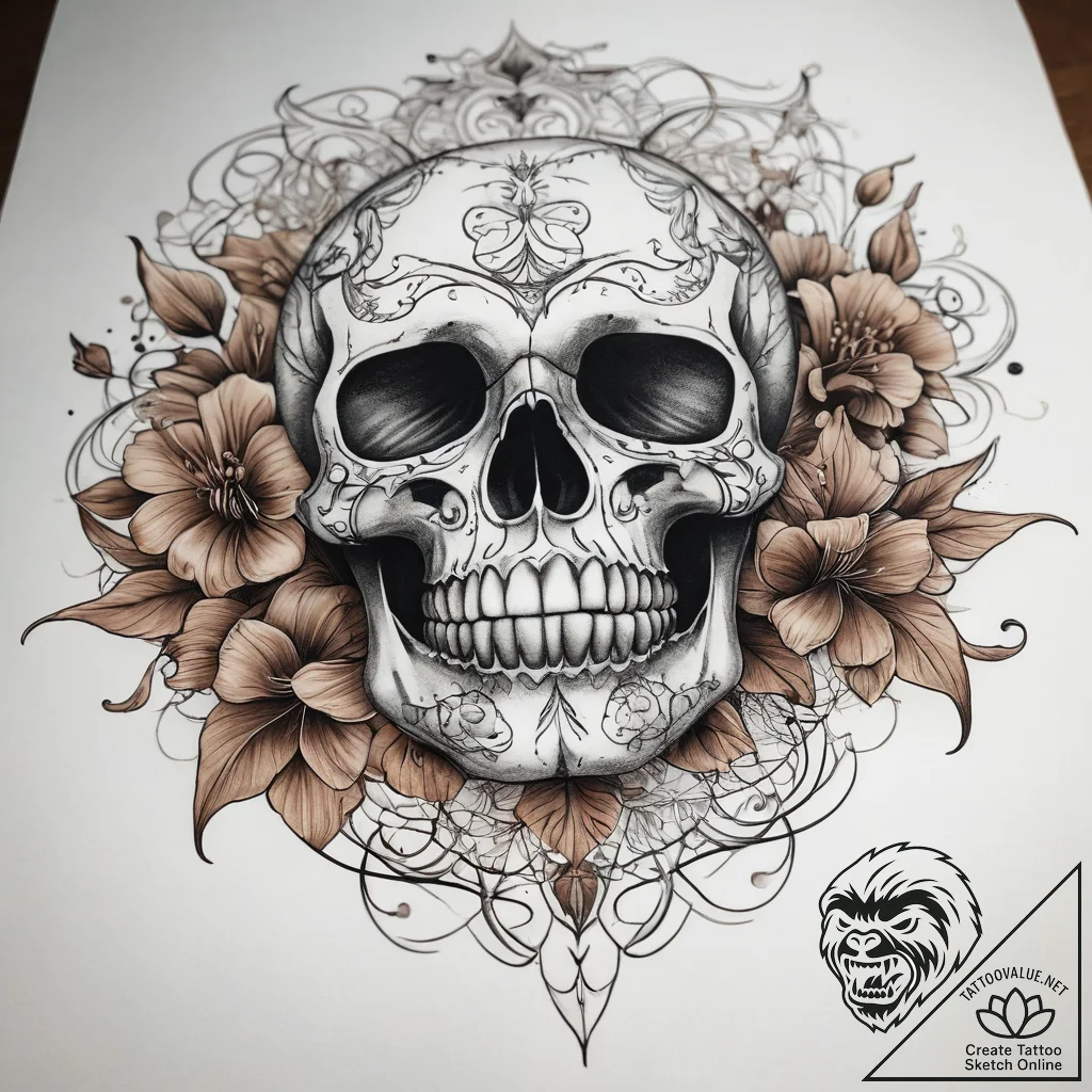 Tattoo sketch узор в виде черепа с цветами, t... - tattoo sketch (№1758566107_0, 22.09.2025 18:35) — tattoovalue.net