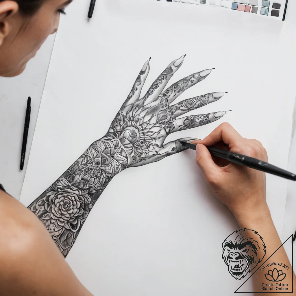 Tattoo sketch hands with a brush - tattoo sketch (№1758567278_0, 22.09.2025 18:54) — tattoovalue.net
