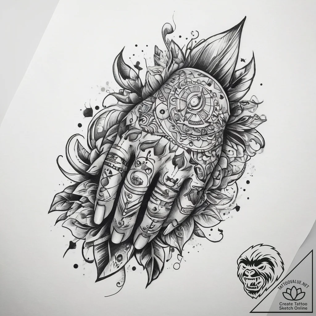 Tattoo sketch hands with a brush, tattoo flas... - tattoo sketch (№1758569227_0, 22.09.2025 19:27) — tattoovalue.net