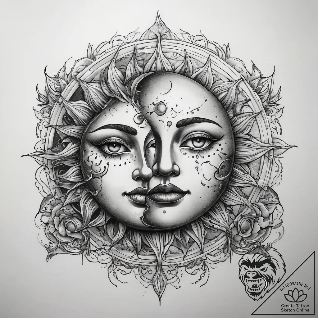Tattoo sketch moon and sun face, concept art... - tattoo sketch (№1758571220_0, 22.09.2025 20:00) — tattoovalue.net