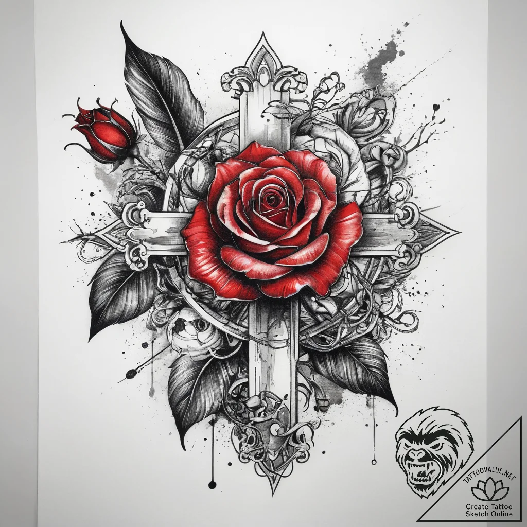 Tattoo sketch cross and rose, tattoo line art... - tattoo sketch (№1758571610_0, 22.09.2025 20:06) — tattoovalue.net
