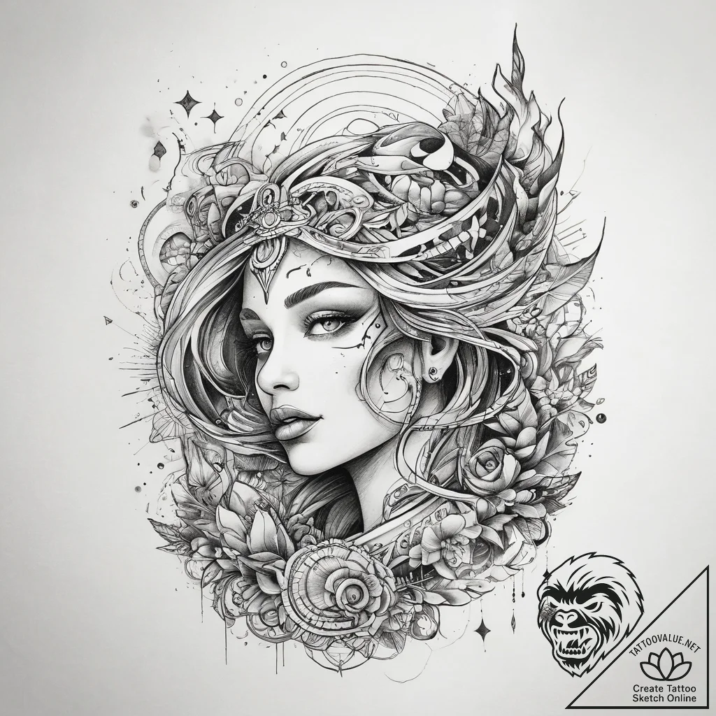 Tattoo sketch cosmic life, ink illustration f... - tattoo sketch (№1758573757_0, 22.09.2025 20:42) — tattoovalue.net